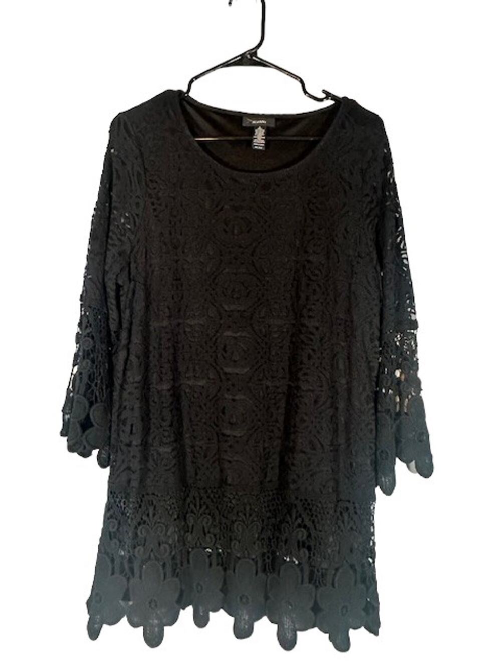 Alfani Black Long Sleeve Lace Applique Detail Scalloped Trim Blouse Women Sz L